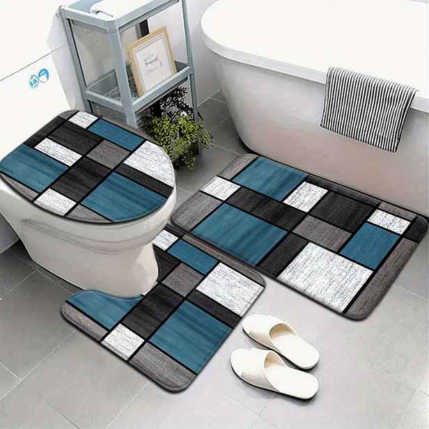 TEMU 3ks/4ks Stylový minimalistický -šedý geometrický koupelnový set, kryt na toaletní prkénko a kobereček, U-tvarovaná dekorace do koupelny