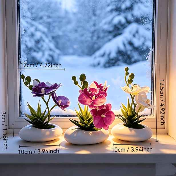 TEMU Sada 3 ks umělých květin do květináčů pro domácí dekoraci: Orchidej Phalaenopsis + Sukulent. Umělé plastové rostliny jsou dodávány s odolnými