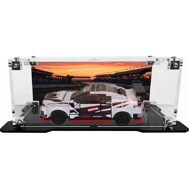 Vitrína s černou základnou a pozadím pro sadu Lego 76896 Nissan Gt-r Nismo