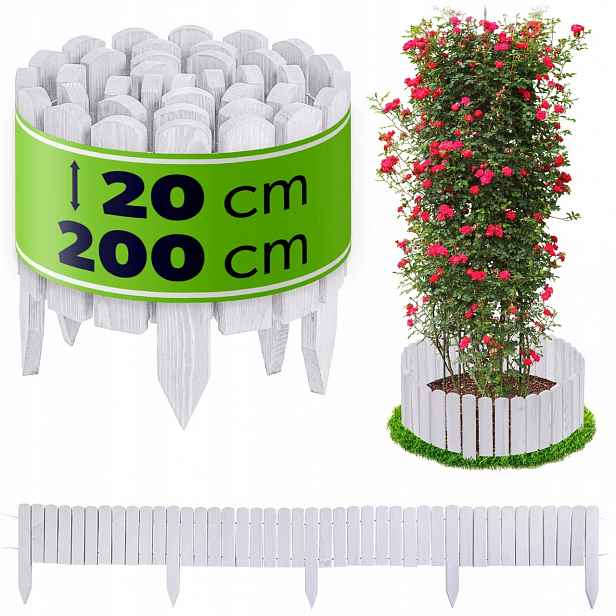 Záhonový Plot 200x20cm Zahradní Dřevěný Obrubník Palisáda Ozdobný Bílý