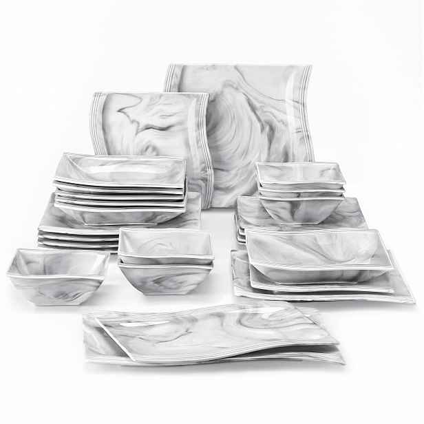TEMU Sada talířů a misek, 26ks mramorově šedá porcelánová jídelní souprava, čtvercová jídelní souprava s 6ks talířem na hlavní jídlo/polévkovým