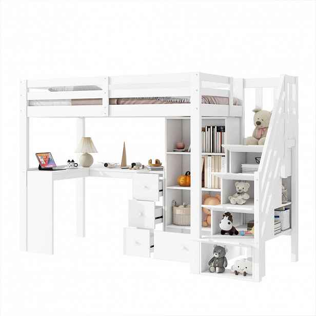 CHICFURN VYVÝŠENÁ POSTEL 90/200 cm v bílé barvě se stolem a úložným prostorem