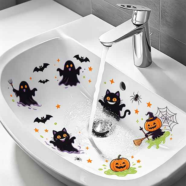 TEMU 1 ks Halloweenská nálepka na dřez, odstranitelná voděodolná nálepka na umyvadlo v koupelně, roztomilá samolepicí nálepka s černou kočkou, dýní,