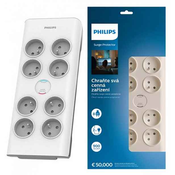 Zásuvková Lišta Prodlužovací Kabel Síťová 8 Zásuvek 2M 16A Philips Bílá