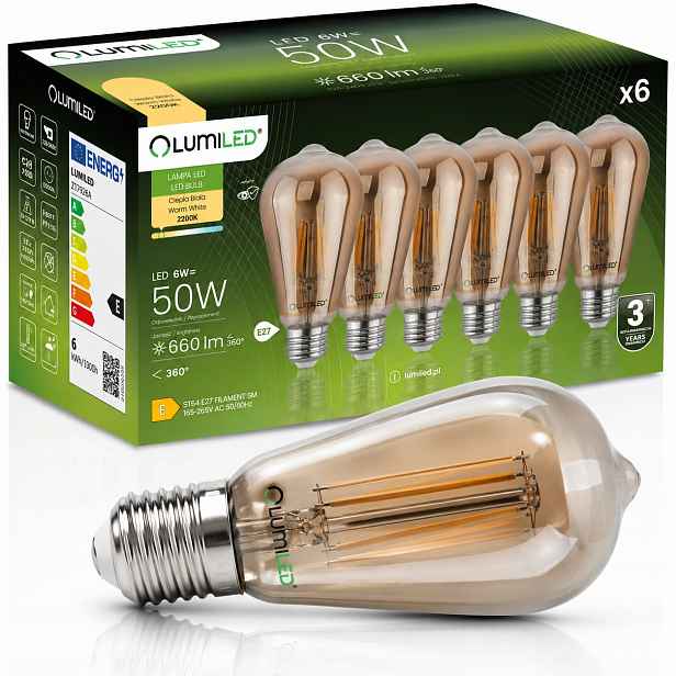 6x Led žárovka E27 Edison ST64 6W Ozdobná Filament Retro Kouřová Spirálová