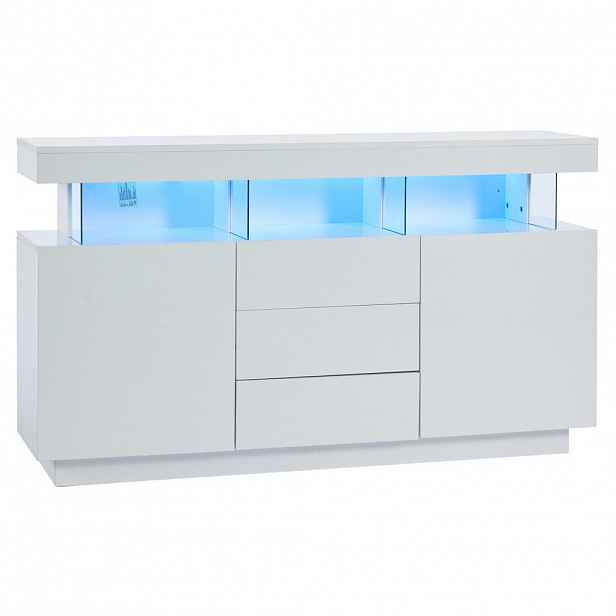Modfu KOMODA z dřevotřísky a akrylu 140x35x80 cm bílá s LED osvětlením, 3 zásuvkami a 2 skříňkami ve vysokém lesku