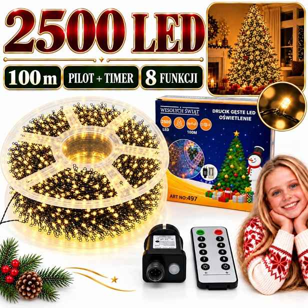 Vánoční Osvětlení Na Stromeček 2500 Led 100 M Teplé Bílé Žluté Drátek Dálkové Ovládání
