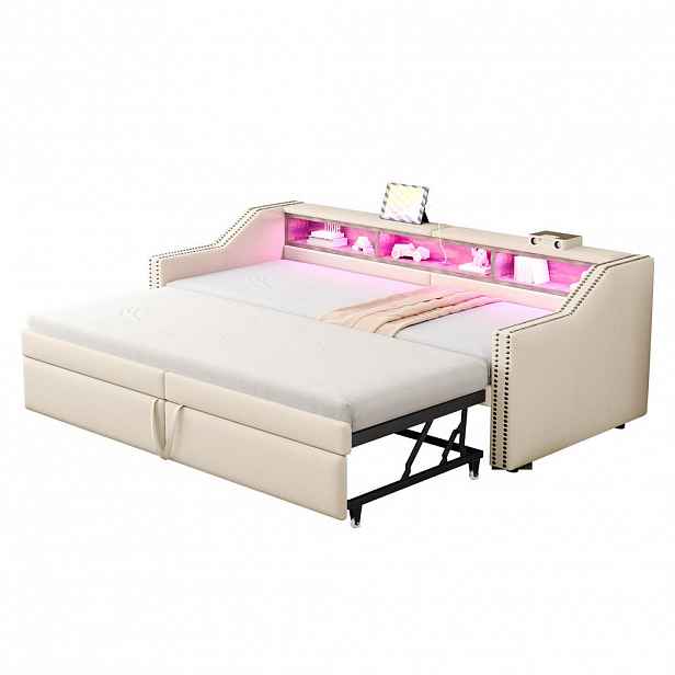 OKWISH ČALOUNĚNÉ rozkládací lůžko 90/180 x 200 cm béžové z lnu s úložnými policemi, LED a USB