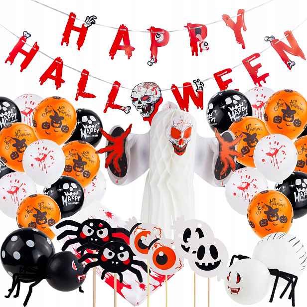 TG70155 Halloween Ozdobný Set Girlanda Balónky Ubrus Duch Pavouci Dekorace