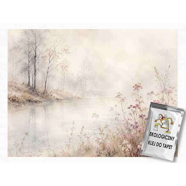 Vliesová fototapeta krajina, řeka, mlha, stromy, růžové květy, 254x184 cm, 130g