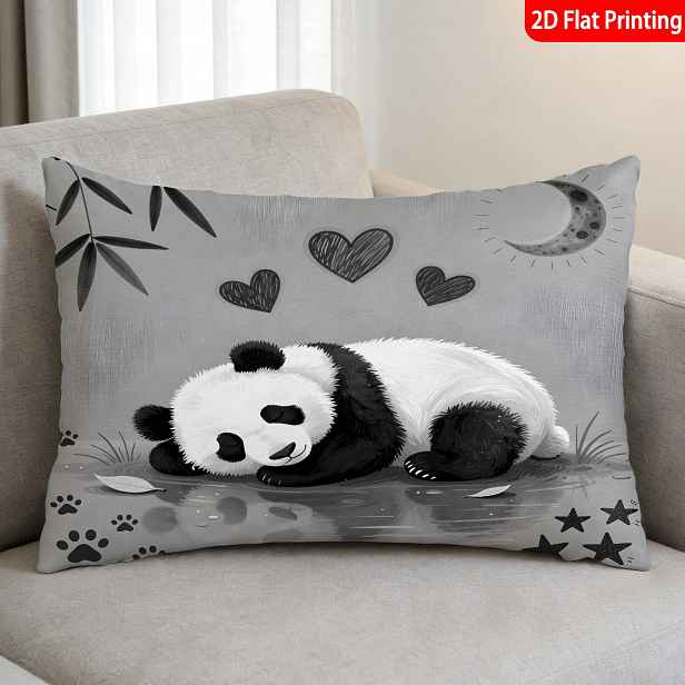 TEMU 1ks Povlak na polštář, (Výplň polštáře není součástí) 2D plochý tisk Panda spící s bambusovým měsícem a srdíčky, černobílý design, ideální pro