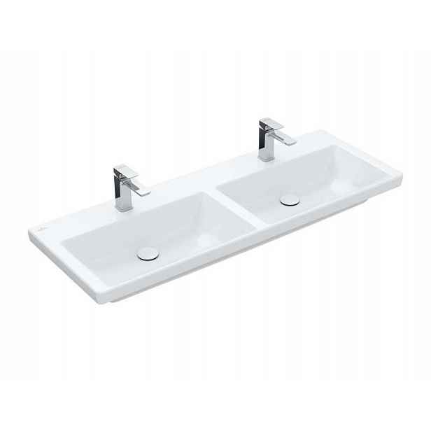 Villeroy & Boch Subway 3.0 - Dvojumyvadlo nábytkové 130x47 cm, bez přepadu, otvory pro baterie, CeramicPlus, alpská bílá 4A71D1R1