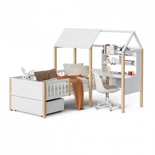 CHICFURN DĚTSKÁ POSTEL 90/200 cm v bílé a přírodní barvě se stolem, regálem a zásuvkami
