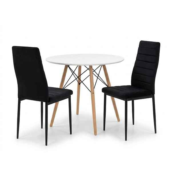 Stůl Kulatý Bílý 80 cm 2 Velurové židle Axell Černé