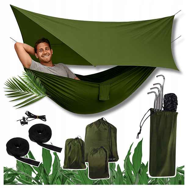 Turistická houpací síť s moskytiérou Tarp 2-místná 260×140 cm khaki 250 kg