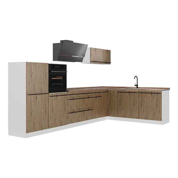 Vicco ROHOVÁ KUCHYŇ R-Line, Řemeslný dub/Bílá, 347 x cm pracovná doska Dub Goldkraft