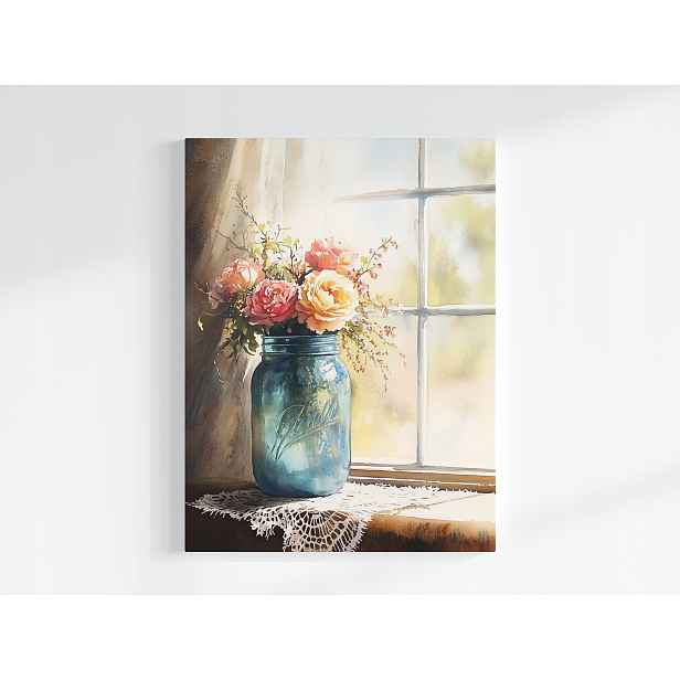 Plakát Akvarel Květiny Růže Sklenice Okno Shabby Chic 75x100