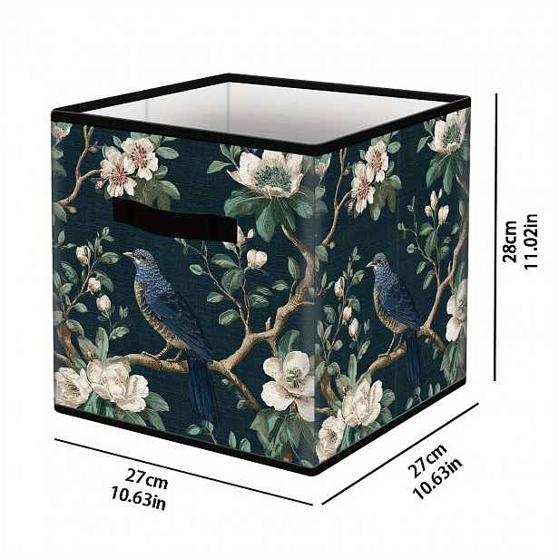 TEMU 1 ks Velký skládací látkový kostkový koš s vintage designem ptáka a větve - 27x27x28 cm úsporný koš na knihy do skříně, šatníku, koleje -