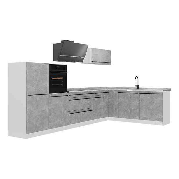 Vicco ROHOVÁ KUCHYŇ R-Line, Beton/Bílá, 347 x cm pracovná doska Mramor