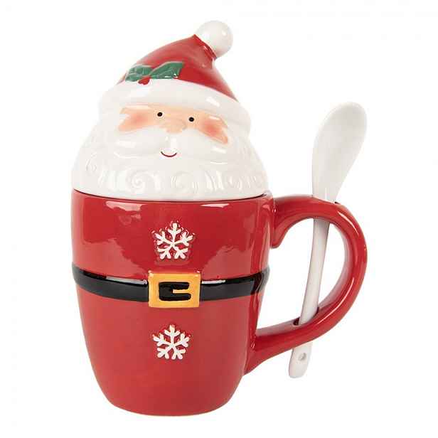 Bílo-červený hrnek Santa Claus s víkem a lžičkou - 13*9*17 cm / 300 ml Clayre & Eef