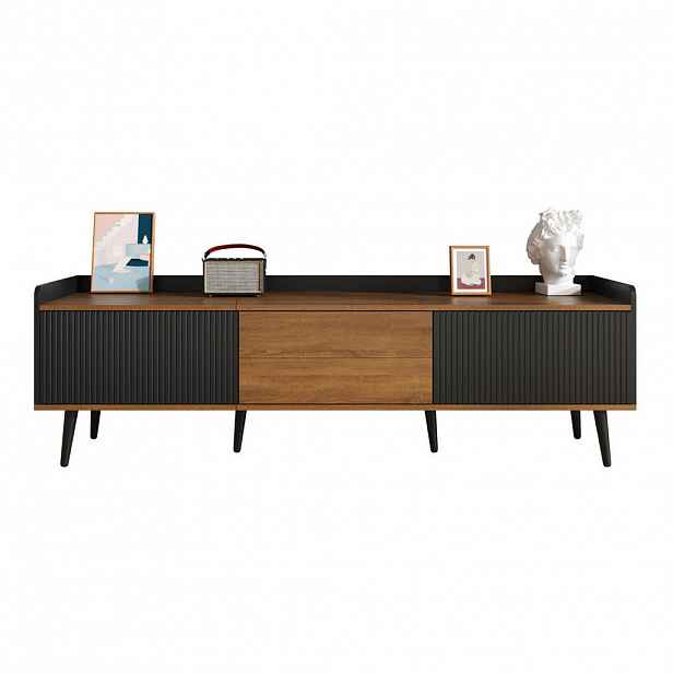 Modfu TV skříňka z MDF a dřevotřísky 160x49,5x39 cm černá/přírodní se 3 dvířky, zvýšenou hranou a dřevěnými nohami