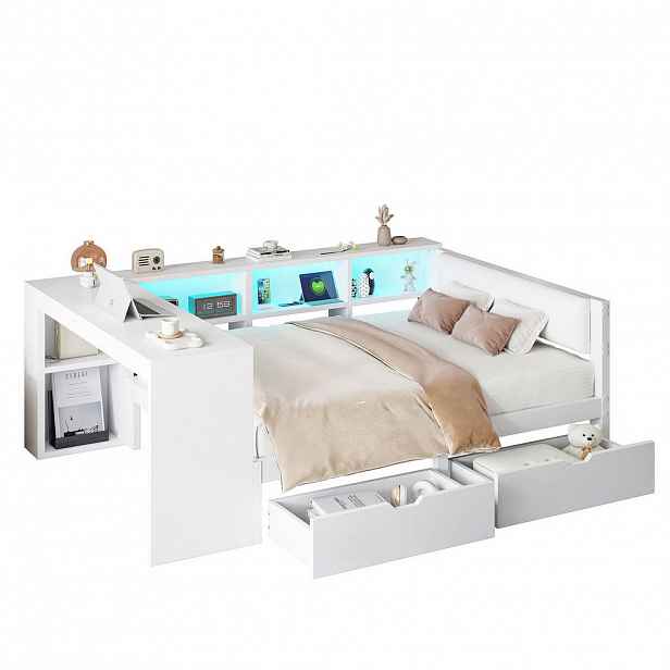 Redom POSTEL 140/200 cm s polstrovaným čelem, odkládacími plochami, zásuvkami, USB a LED osvětlením, Bílá