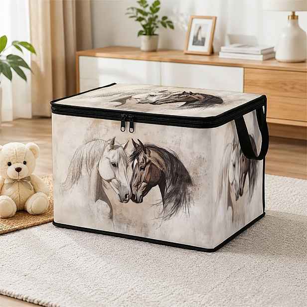 TEMU 1 ks Skládací úložný box na zip s odklápěcím víkem, retro jezdecký kreslený motiv, portrét dvou koní, vhodný pro uskladnění svátečních potřeb,