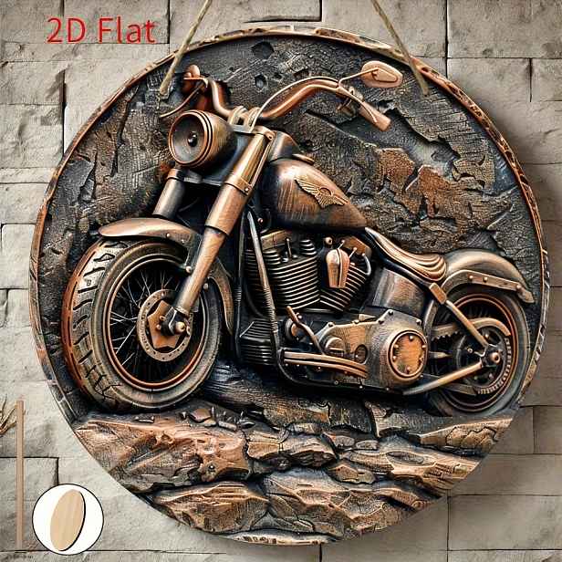 TEMU 2D plochý - plochý 2D tisk, jeden kus, kulatá dřevěná cedule, design motorky, ideální pro bar, kuchyň, kavárnu, domov, obývací pokoj, kancelář,