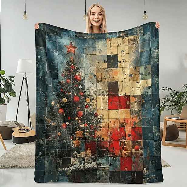 Deka Přehoz Vánoční stromeček puzzle puzzle měkká dárek 150x200cm