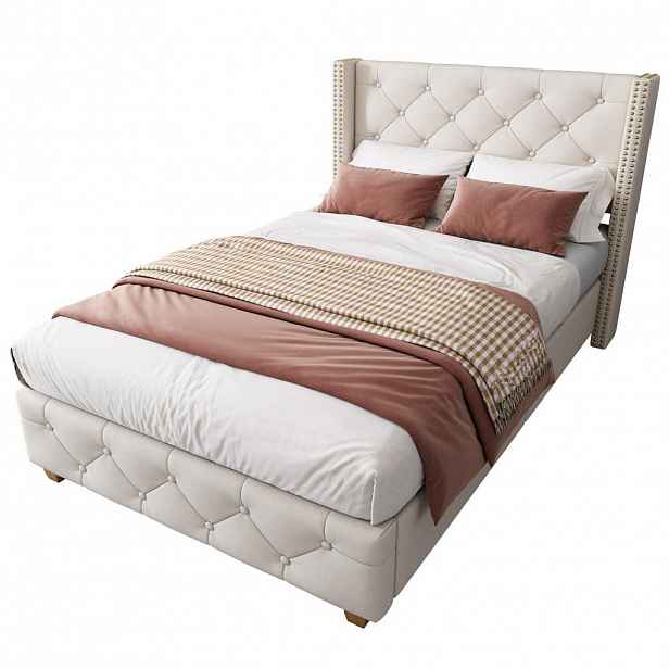 Redom ČALOUNĚNÁ postel 90/200 cm s lamelovým roštem a čelem, knoflíkové a nýtované detaily, lněný potah, Béžová