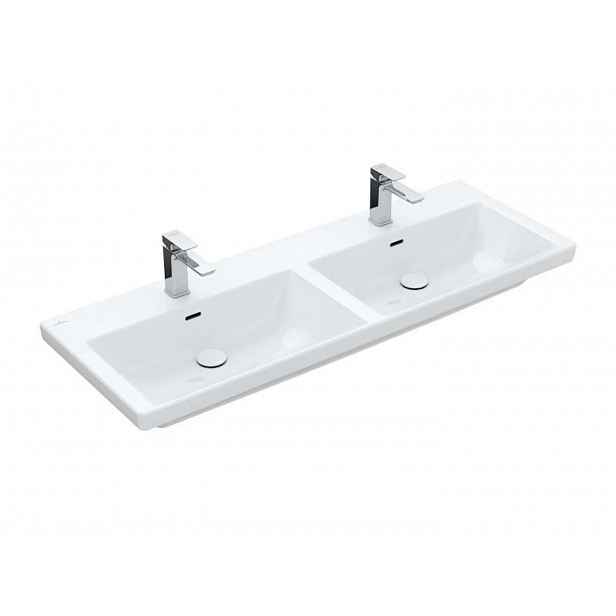 Villeroy & Boch Subway 3.0 - Dvojumyvadlo nábytkové 130x47 cm, s přepadem, otvory pro baterie, alpská bílá 4A71D501