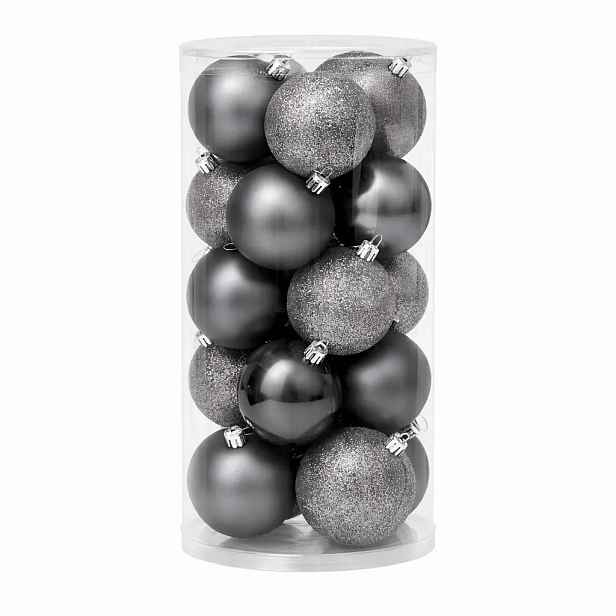 Sada vánočních ozdob šedá 8 cm plastové koule, 12× matná, 12× glitter, balení 24 baněk
