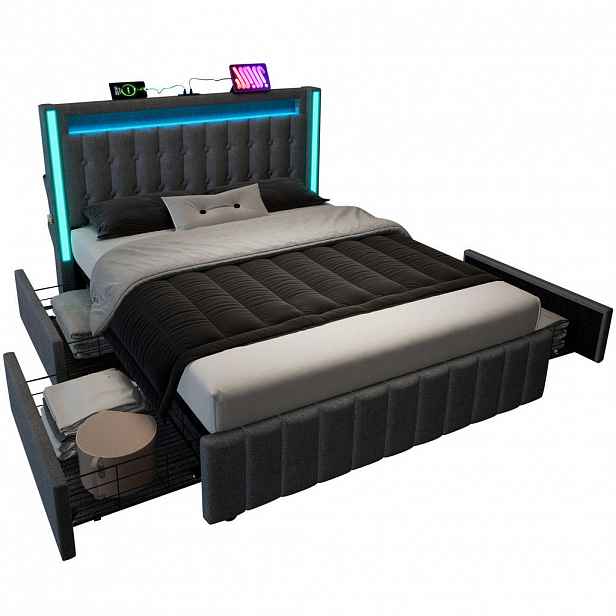 Redom ČALOUNĚNÁ postel 140x200 cm z lněného materiálu s LED osvětlením, USB a USB-C nabíjením a 4 zásuvkami, Šedá