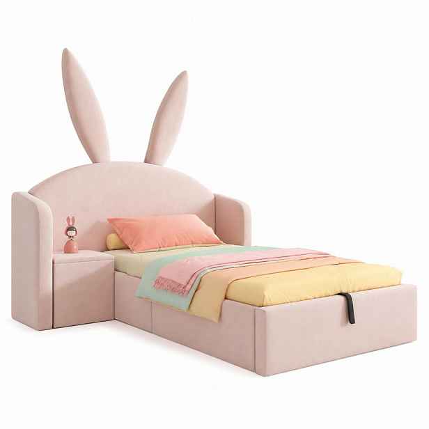 CHICFURN DĚTSKÁ POSTEL 90/190 cm v růžovém sametu s úložným prostorem a nočním stolkem