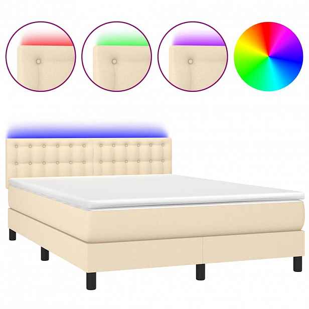 vidaXL Box spring postel s matrací a LED krémová 140x200 cm textil