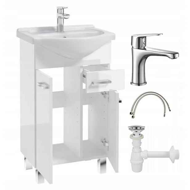 Koupelnová skříňka s umyvadlem na nožkách 85x50 stojící bílá s baterií