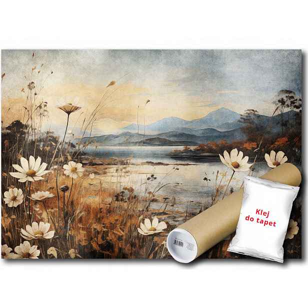 Fototapeta Flizelina Krajina Jezero Louka Květiny Hory 254x184