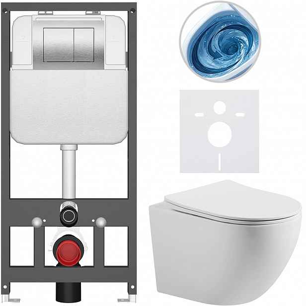 Kompletní WC set Basic/Cesso - bílá matná - WC tlačítko Maxio/Stříbrná - závěsné - předstěnová instalace - 49x36 cm - 8050BD86178