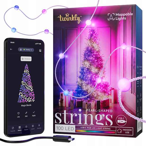 Vánoční osvětlení na stromeček Twinkly Strings Usb-c 100 Led, perly, 6 m, zelený oplet