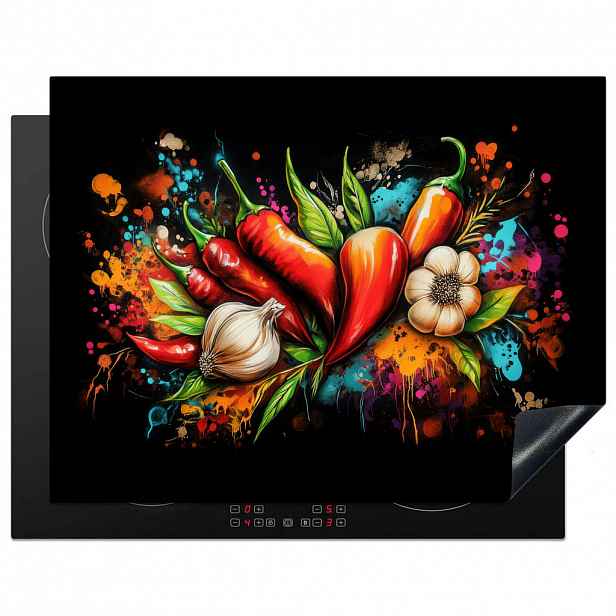 MuchoWow KRYT NA INDUKČNÍ DESKU Zelenina - paprika - česnek - graffiti - barva - barevné 77x59 cm