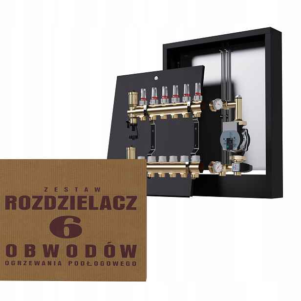 Rozdělovač pro podlahovku 6 okruhů s čerpací skupinou Wilo nástěnný, černý