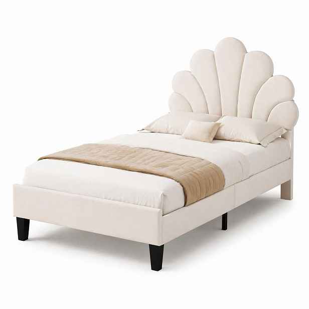 CHICFURN ČALOUNĚNÁ POSTEL 90/200 cm v béžové sametové látce s květinovým čelem a roštem