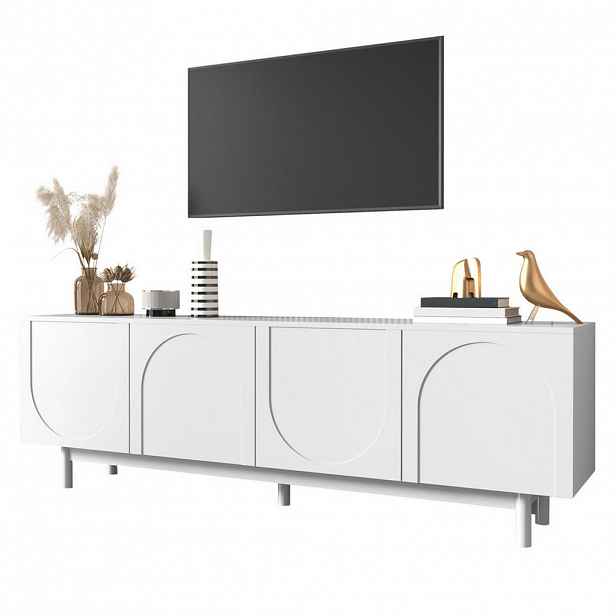 Modfu TV stolek z dřevotřísky 175x38x56 cm bílý se 4 dvířky, push-to-open a nastavitelnými policemi