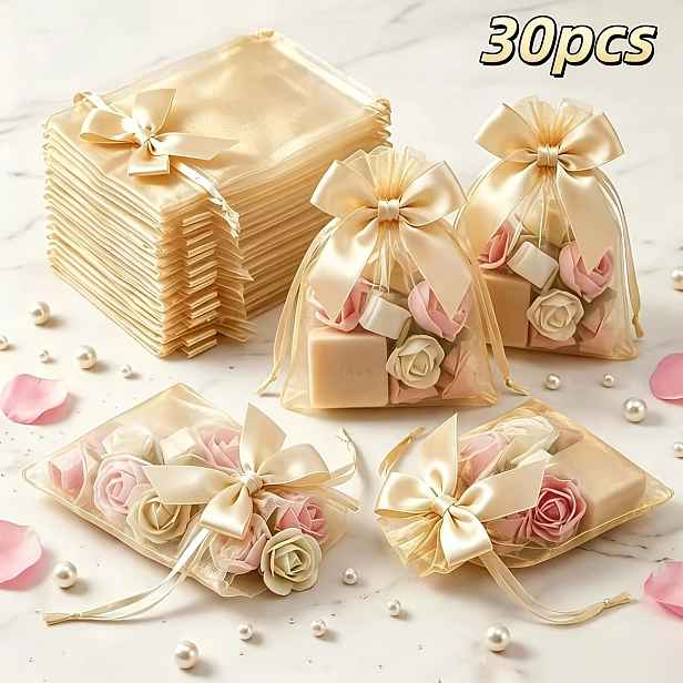 TEMU 30 ks 10 x 15 cm / 3,94 palce x 5,91 palce Světle bílé, Nebělomodré, Zlaté, Růžové saténové stuhy Mašle Organza Dárkové tašky, Růžové síťované