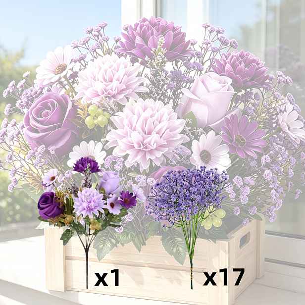 TEMU 18dílná umělá kytice, elegantní vysoce kvalitní fialové umělé květiny, včetně růží, sedmikrásek, pivoněk a 'S Breath, UV odolné, realistický