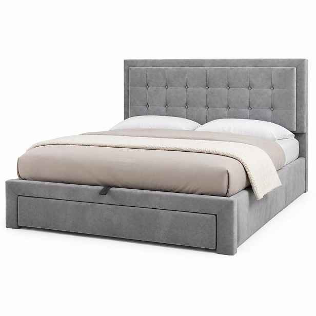 CHICFURN ČALOUNĚNÁ POSTEL v šedé barvě ze sametu s úložným prostorem a zásuvkami