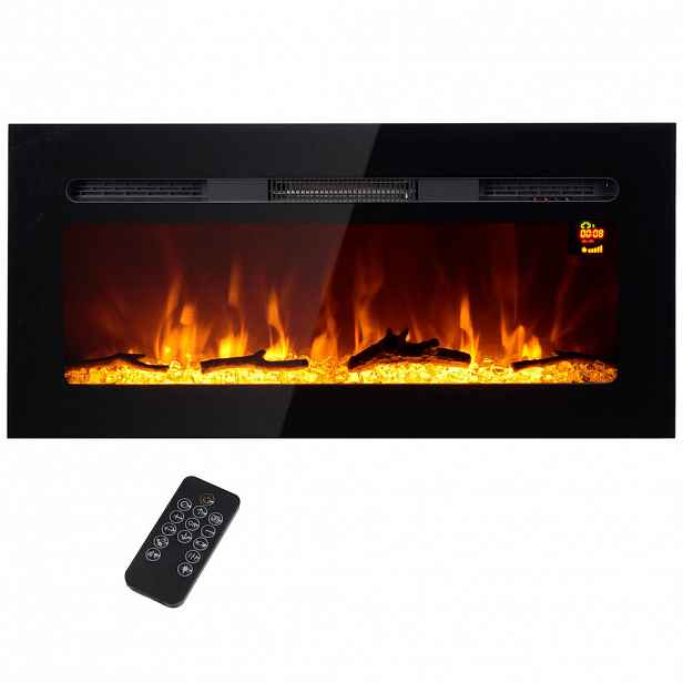 HOMCOM ELEKTRICKÝ KRB s LED efektem plamenů, 1800 W nástěnný krb s krystaly, ve 3 barvách