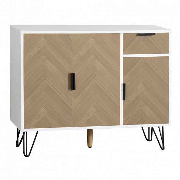 Modfu KOMODA z MDF a dřevotřísky 90x30x71,5 cm bílá/dekor dřeva se zásuvkou, 3 dvířky a nastavitelnými policemi