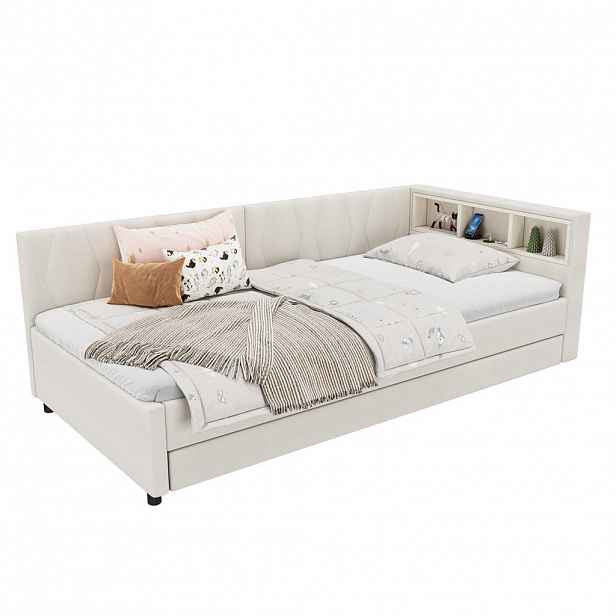 CHICFURN DENNÍ POSTEL 90/200 cm v béžové barvě s výsuvným lůžkem, LED, USB a USB-C