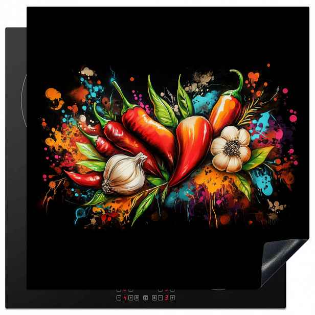 MuchoWow KRYT NA INDUKČNÍ DESKU Zelenina - paprika - česnek - graffiti - barva - barevné 78x78 cm
